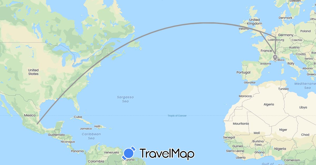 TravelMap itinerary: plane in Belgium, France, United Kingdom, Monaco, Mexico (Europe, North America)